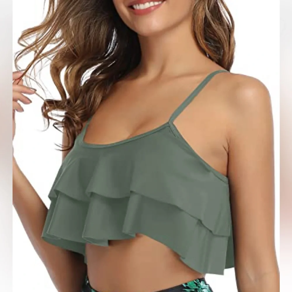 ruffle feminine khaki green swim bra size Large new
